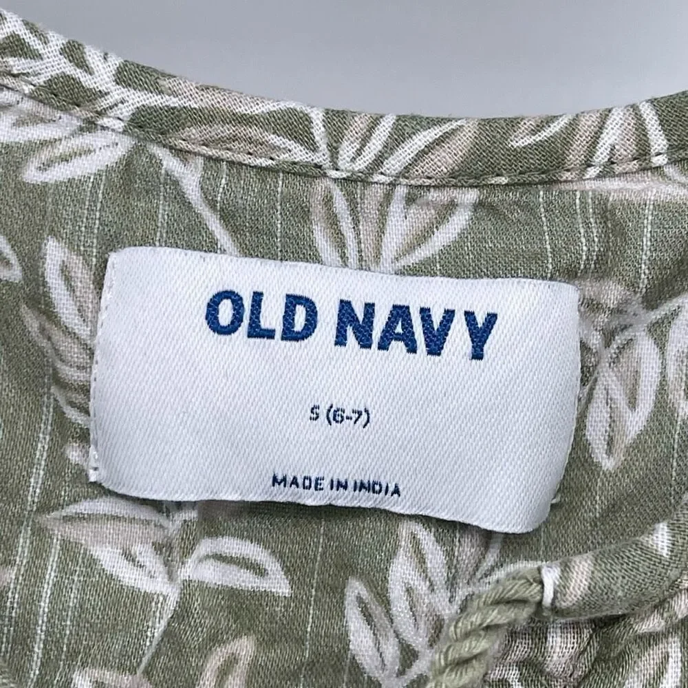 Old Navy Girl’s Olive Floral Tie-Neck Tiered-Hem Cotton Boho Blouse Size 6/7
